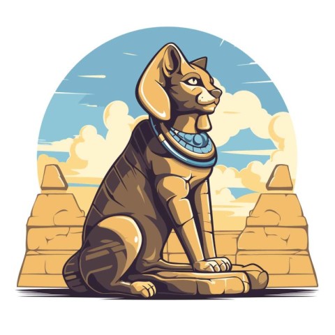 Egyptian Sphinx sitting on a stone. Vector illustration in retro