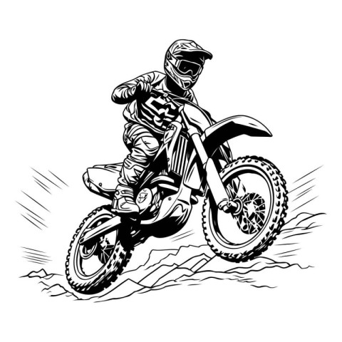 Motocross rider on the race. Vector illustration. Monochrome.