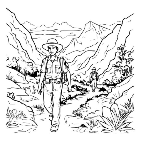 Hiking in the mountains. Black and white vector illustration for