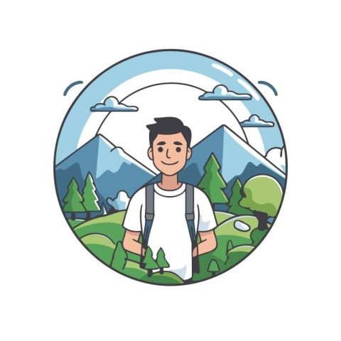 Tourist man with backpack in the mountains round icon vector ill