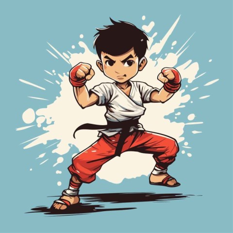 Karate boy cartoon character. Vector illustration in retro comic