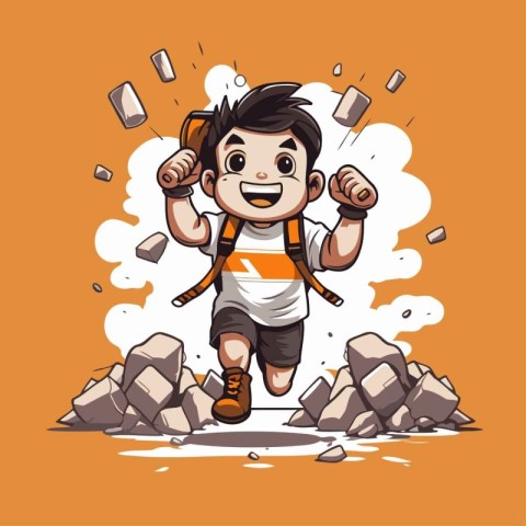 Climber with backpack running on the rocks. Vector illustration.