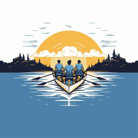 Rowing boat on the lake at sunset. Vector illustration of a grou