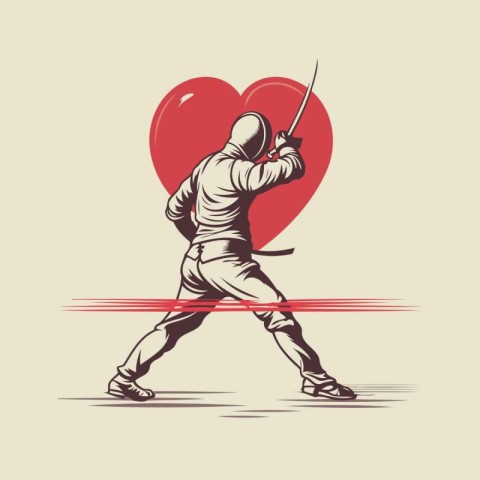 Kung fu fighter with sword and heart vector illustration. Martia