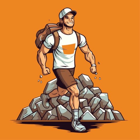 Hiking man with backpack. Vector illustration in cartoon style o