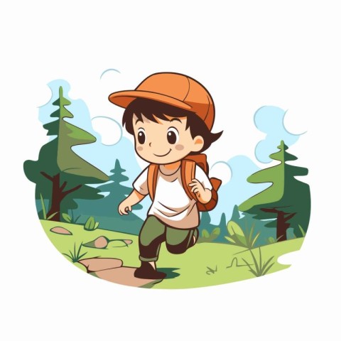 Boy with backpack in the forest. Vector illustration in cartoon