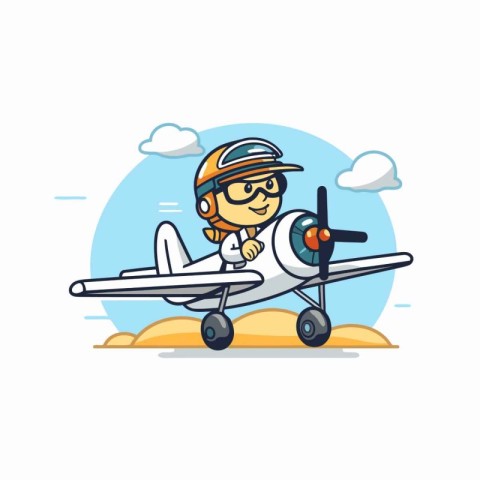 Cartoon pilot with airplane. Vector illustration in flat design