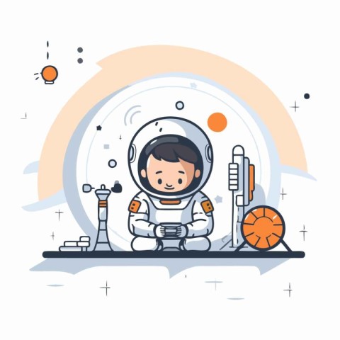 Cute little boy in astronaut suit sitting on the moon. Vector il