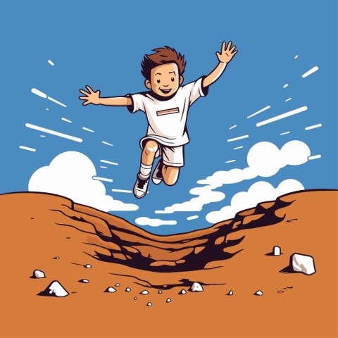 Little boy jumping in the desert. Vector illustration of a boy j