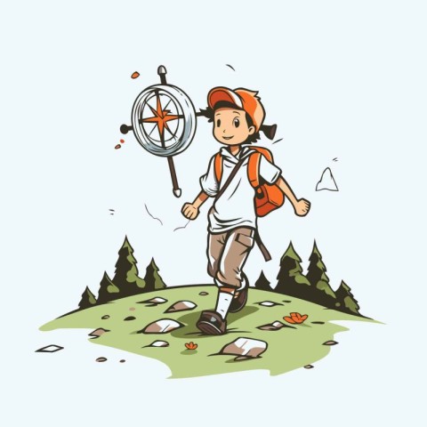 Boy with a backpack and compass on the nature. Vector illustrati