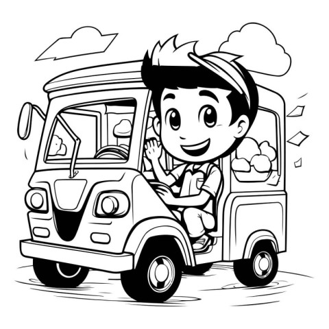 Boy driving a school bus - Black and White Cartoon Illustration.