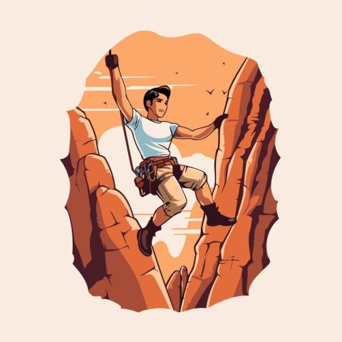 Rock climber climbing on a cliff. Vector illustration in retro s