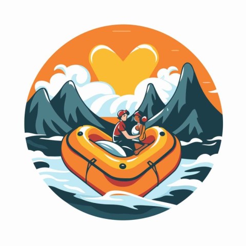 Couple on an inflatable boat in the mountains. Vector illustrati