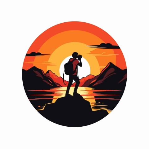 Silhouette of a tourist with a backpack and binoculars at sunset