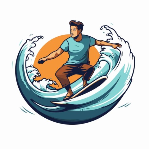 Surfer rides on the wave. Vector illustration of a surfer on a s