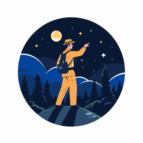 Tourist in the mountains at night. Vector illustration in flat s