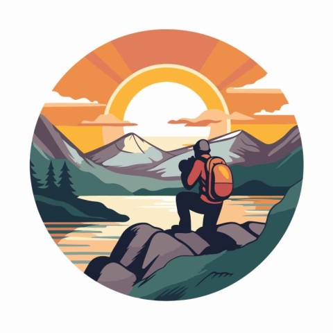 Hiker with a backpack on the background of the sunset. Vector il