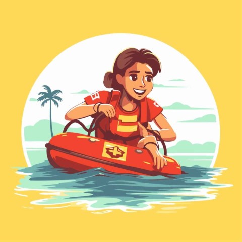 Boy in life jacket on inflatable boat. Cartoon vector illustrati