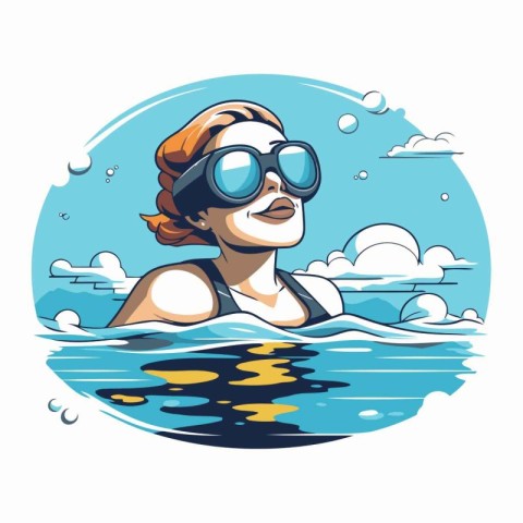 Vector illustration of a woman swimming in a pool with goggles a