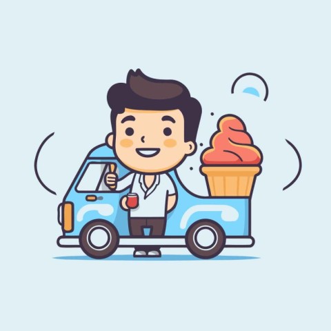 Cute cartoon man with ice cream in car. Vector illustration.