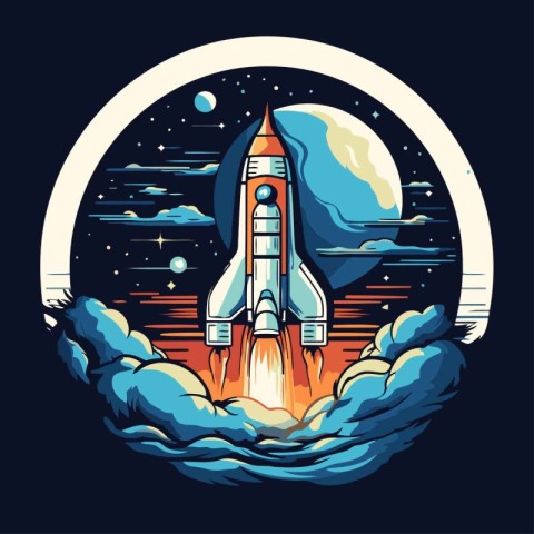 Space rocket in the moonlight. Vector illustration in retro styl