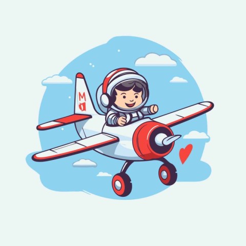 Cute little boy flying in a plane. Cartoon vector illustration.