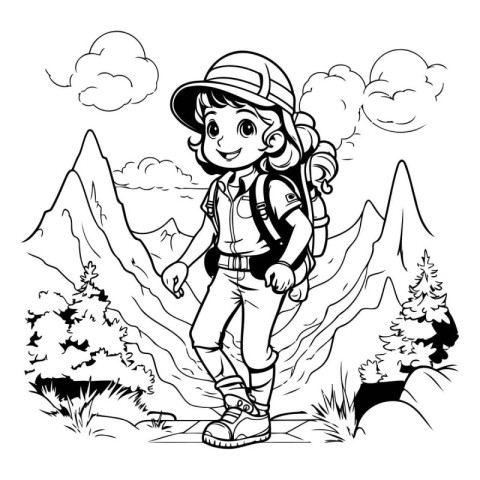 Hiker girl - black and white vector illustration for coloring bo