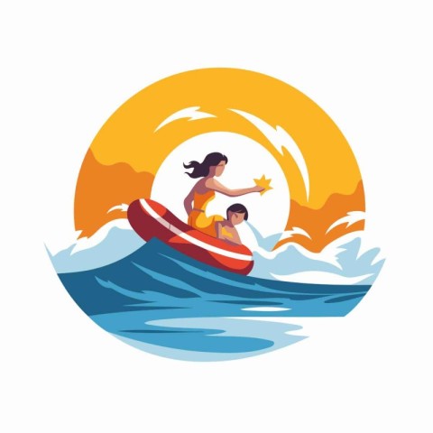 Young woman on a surfboard in the sea. Vector illustration.