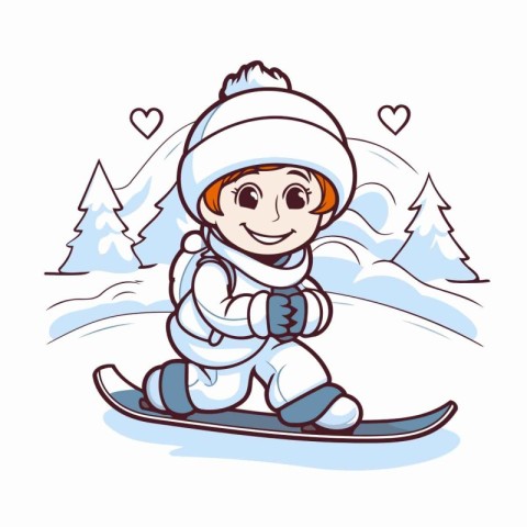 Cute little boy skier in winter clothes. Vector illustration.