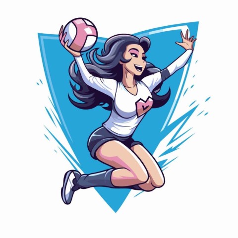 Female volleyball player jumping with ball. Vector illustration