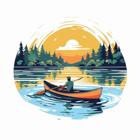 Fisherman in a boat on the lake. Vector illustration.