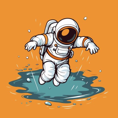 Astronaut running in water. Vector illustration of cartoon chara