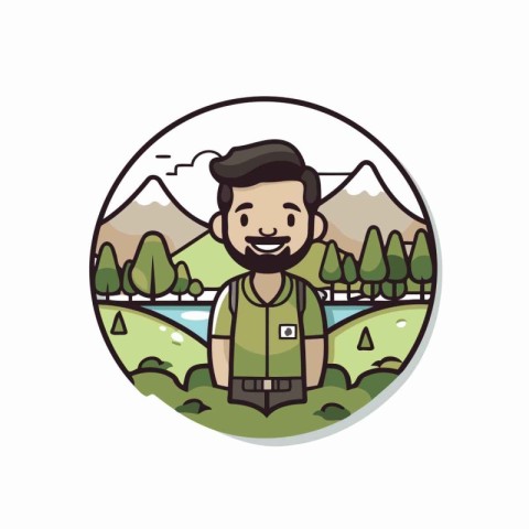 Hiking man cartoon in the forest round icon vector illustration