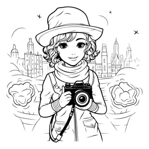 Illustration of a girl taking pictures of the city with a camera