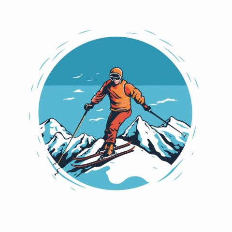 Skiing in the mountains. Vector illustration in retro style.