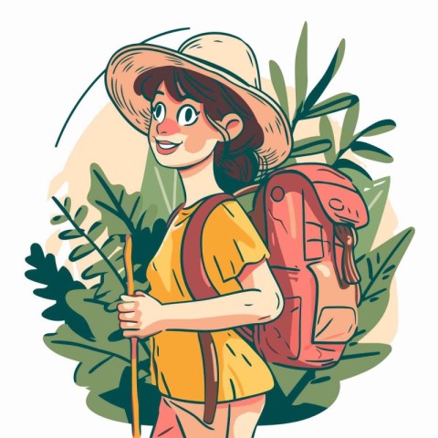 Woman tourist with backpack and hat. Vector illustration in cart