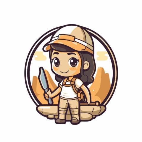 Cute cartoon explorer girl with a spear. Vector illustration in