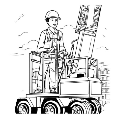 construction worker with crane cartoon vector illustration graph