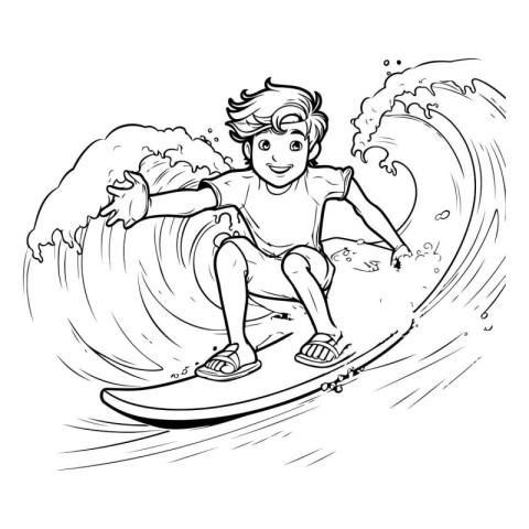 Boy riding a surfboard. black and white vector illustration for