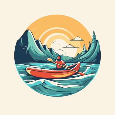 Kayak on the lake. Vector illustration in retro style for your d