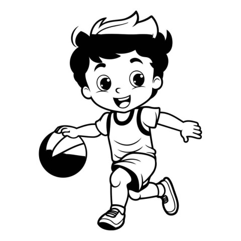 Cute Boy Running with Rugby Ball - Black and White Cartoon Illus