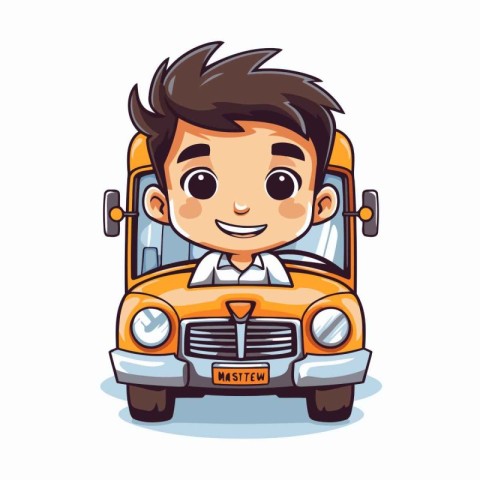 Cute schoolboy driving school bus. Vector cartoon character illu