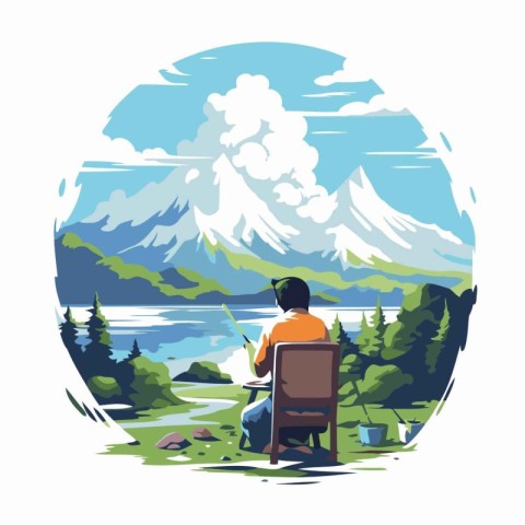Young man sitting on the chair and fishing in the lake. Vector i