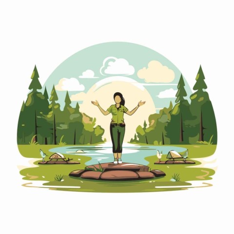 Woman standing on the stone in the forest. Cartoon vector illust