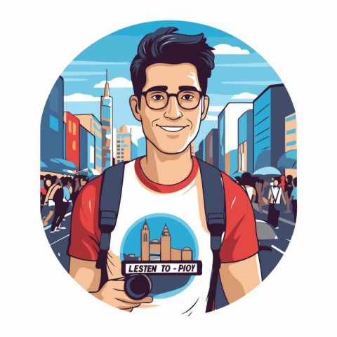 Tourist man with camera in the city. Vector illustration in flat