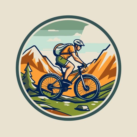 Mountain biker riding on a mountain road round icon vector illus