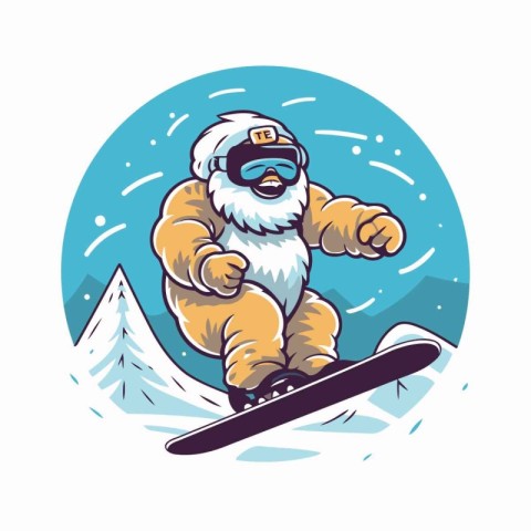 Vector illustration of Santa Claus snowboarder skiing on snowy m