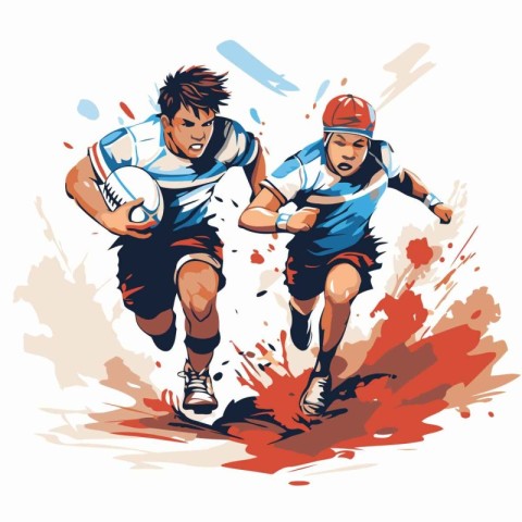 Rugby players running with ball. Vector illustration in grunge s