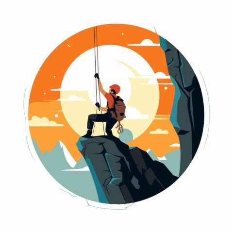 Rock climber on the top of the mountain. Vector illustration.