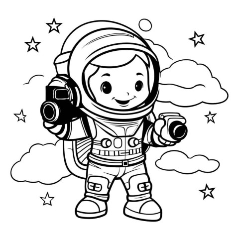 Coloring book for children: astronaut with a camera in his hand